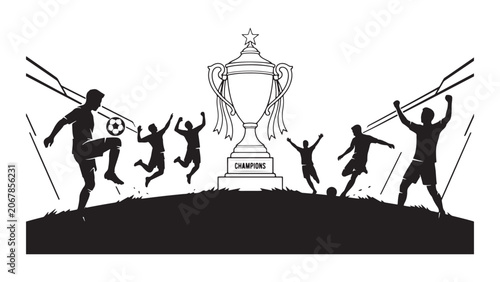 Soccer Players Celebrating Victory with Championship Trophy Silhouette