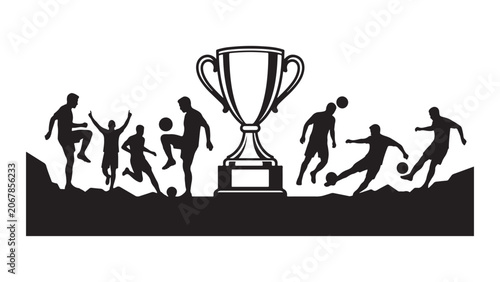Silhouette of Soccer Players Celebrating Around a Championship Trophy Cup