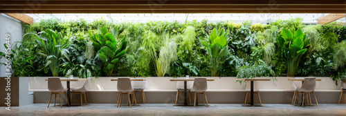 This restaurant showcases a vertical green wall filled with tropical plants. The space has wooden tables and chairs placed around a central area for dining