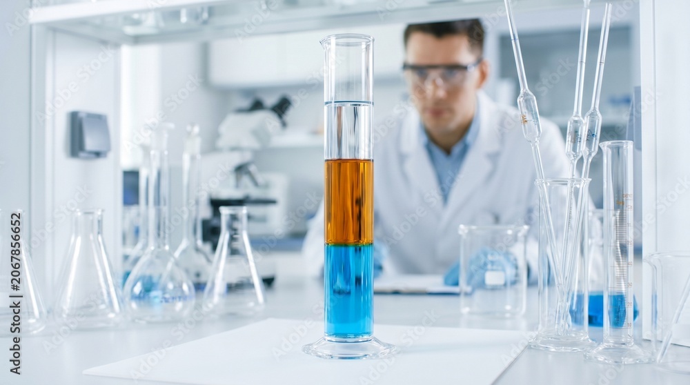 Fototapeta premium Scientist conducting chemical experiment with layered liquids in graduated cylinder
