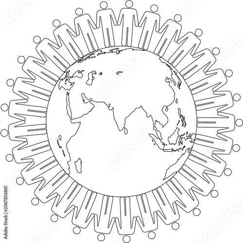 Modern line art vector showing hand-holding male figures surrounded a globe, symbolizing population, human connection, and global unity.