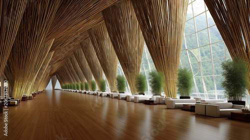 Modern architectural interior with soaring wooden ribbed vaulted ceiling, floor-to-ceiling windows overlooking mountain landscape, minimalist seating, and green bamboo plants.
