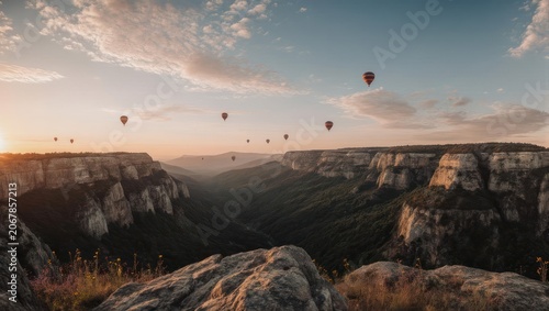 Scenic vista with hot air balloons floating above a deep canyon at sunrise or sunset