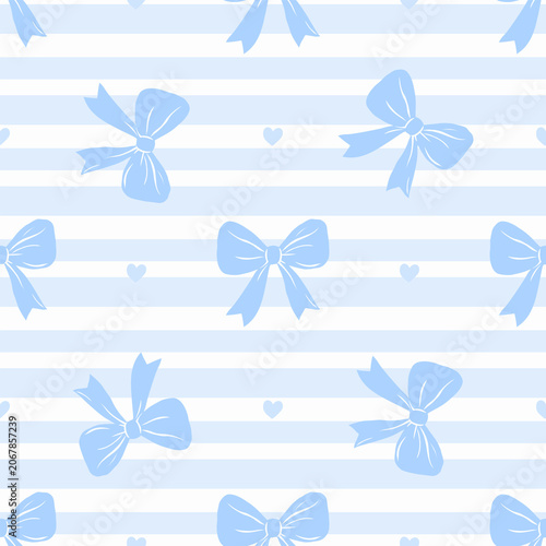 Seamless Blue Bow Pattern with Horizontal Stripes and Heart Accents, Cute Feminine Surface Design for Fabric, Wallpaper and Gift Wrap.