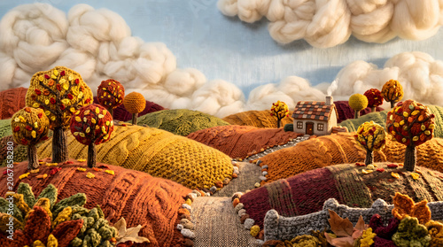 Whimsical autumn landscape made of textiles with knitted rolling hills, handcrafted colorful trees, and cozy tiny house under fluffy wool clouds