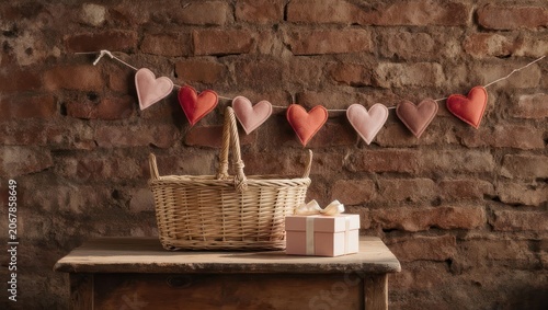 Rustic scene heart garland over brick wall, basket, gift on wooden table, cozy aesthetic