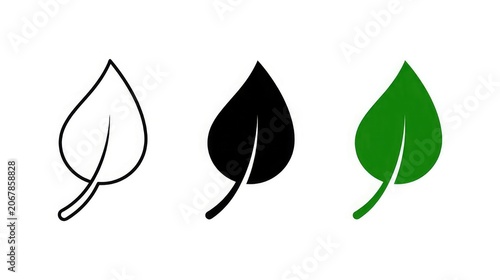 Leaf icon set outline solid black and solid green variations for design and branding applications