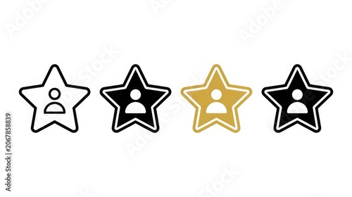 Customer rating stars with user icon set black gold outline vector graphics
