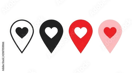 Four heart location pin icons in black red and pink tones for digital design and marketing