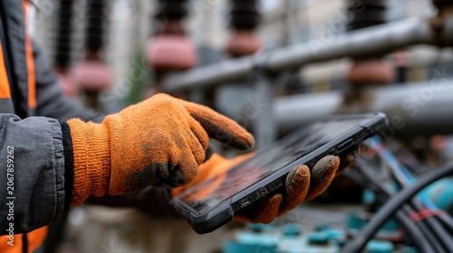 Technician using rugged tablet for electrical substation inspection