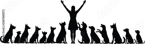 Schilderij op canvas Silhouette of happy woman with raised arms standing with group of dogs, vector i