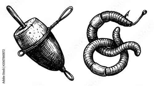 Canvastavla Fishing float and worm on hook, vintage sketch illustration