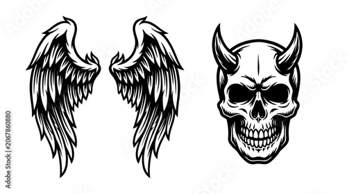 Tableau sur toile Angel Wings and Devil Skull Illustration