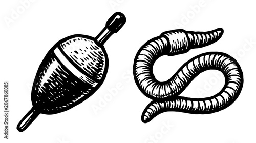 Canvastavla Fishing Bobber and Earthworm Illustration