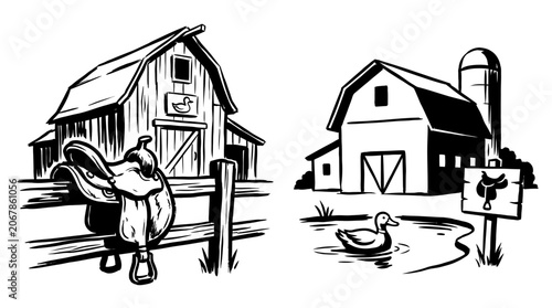 Foto Farm Barns, Saddle, Duck Pond, Rustic Countryside Illustration