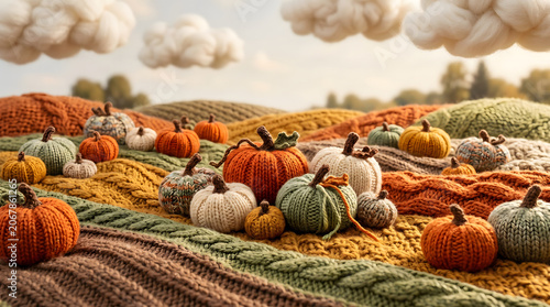  Аutumn pumpkin patch landscape made of textiles with knitted orange, white, and sage green pumpkins on textured wool hills under fluffy clouds