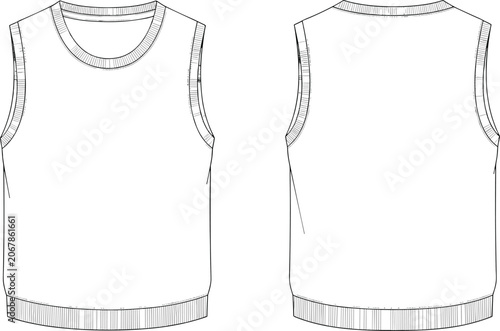 Photos Sleeveless crew neck top front and back flat sketch, ribbed neckline armhole hem