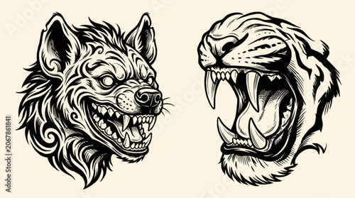 Cuadro en lienzo Ferocious Hyena and Tiger Heads Facing Off