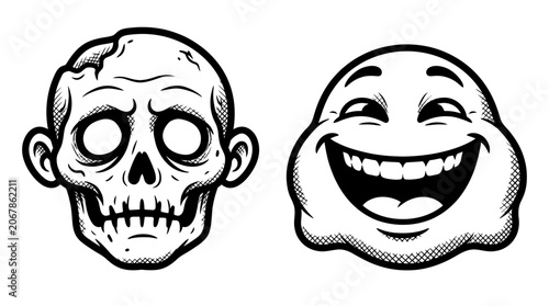 Billede på lærred Scary Skull and Happy Blob Face - Horror vs Comedy Contrast