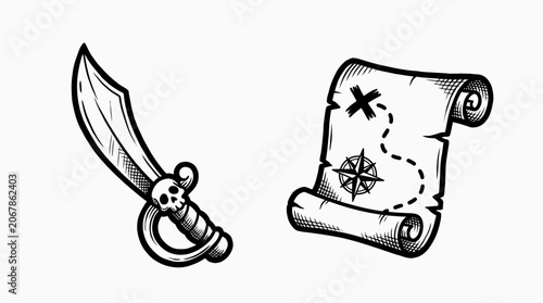 Foto Pirate Cutlass Sword and Treasure Map with Compass Rose