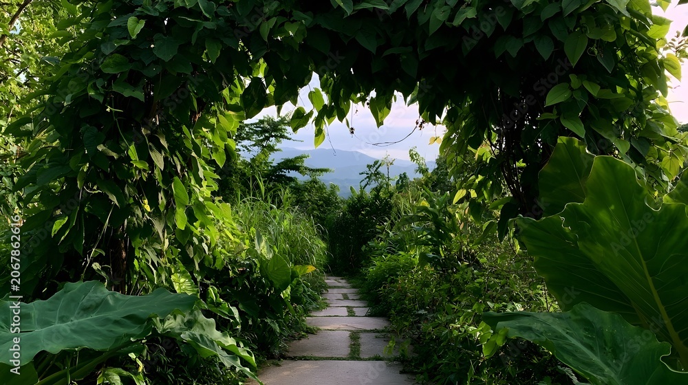 Fototapeta premium A serene tropical jungle path winds through lush vines with distant mountains creating a tranquil and peaceful atmosphere