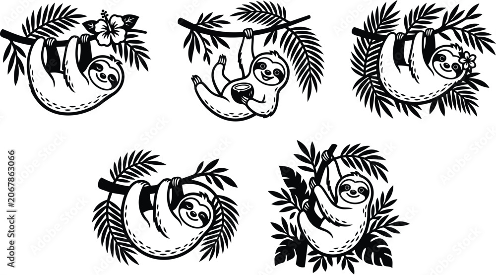 Fototapeta premium Sloth hanging from palm branches in black and white
