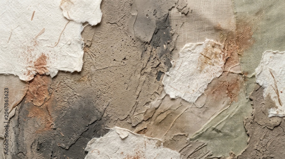 Fototapeta premium A textured, abstract wall with patches of beige, brown, and white paint, with a mix of organic and geometric shapes, creating a sense of depth and texture.