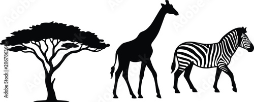 Photography African Safari Wildlife Silhouette Set with Acacia Tree Giraffe and Zebra