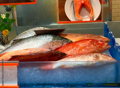 The fish market offers fresh seafood. Orange-colored fish are displayed on trays of ice. There's salmon, red grouper, coral grouper, and many other fresh ocean fish piled together in the seafood stall