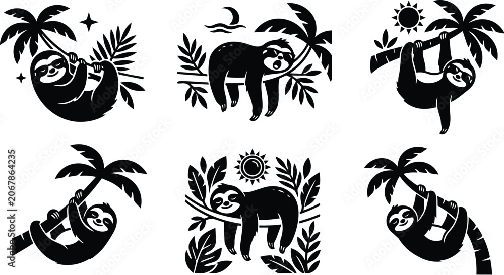 Fototapeta premium Sloth vector silhouettes in tropical jungle with palm trees and sun scenes