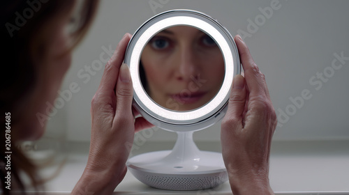 Woman holding illuminated LED ring light mirror, examining her face for skincare routine. Modern beauty technology and personal grooming concept with bright lighting.
