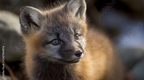 Close-up portrait of an adorable Arctic fox kit with striking blue eyes and fluffy gray-white fur, looking directly at camera in natural daylight setting.