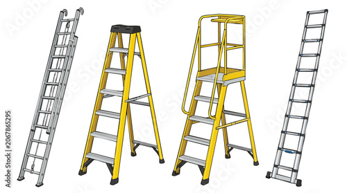 Four different types of ladders on a white background, showcasing various designs and structures.