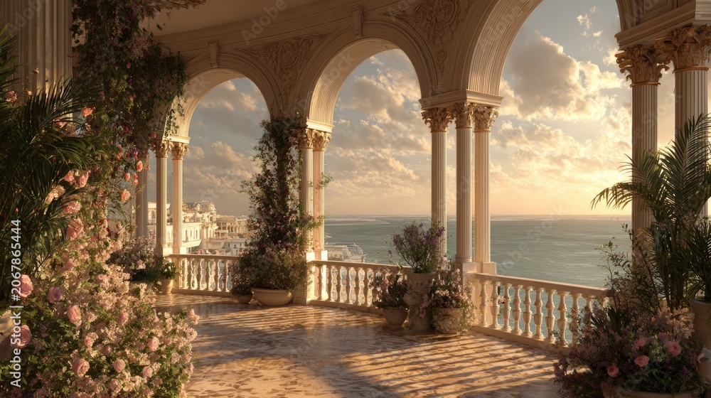 Fototapeta premium Elegant Mediterranean Terrace Overlooking the Ocean at Sunset