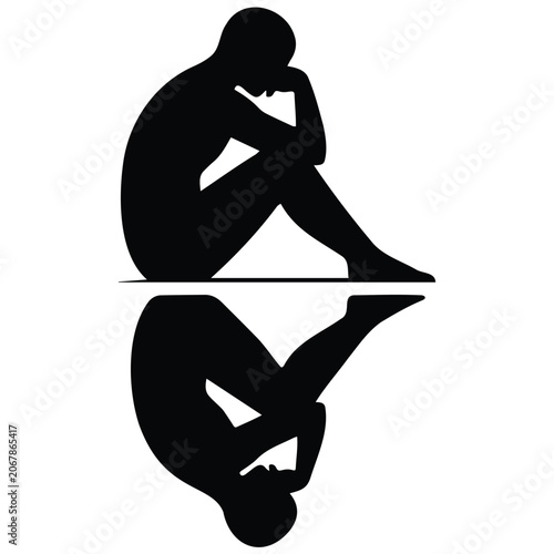 Tableau sur toile Sad man silhouette vector illustration sitting on ground depicting depression and grief