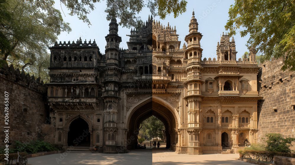Fototapeta premium Ornate Indian palace gateway with intricate stone carvings, multiple domed towers, and elaborate architectural details. Historic monument featuring Indo-Islamic and Hindu design elements.