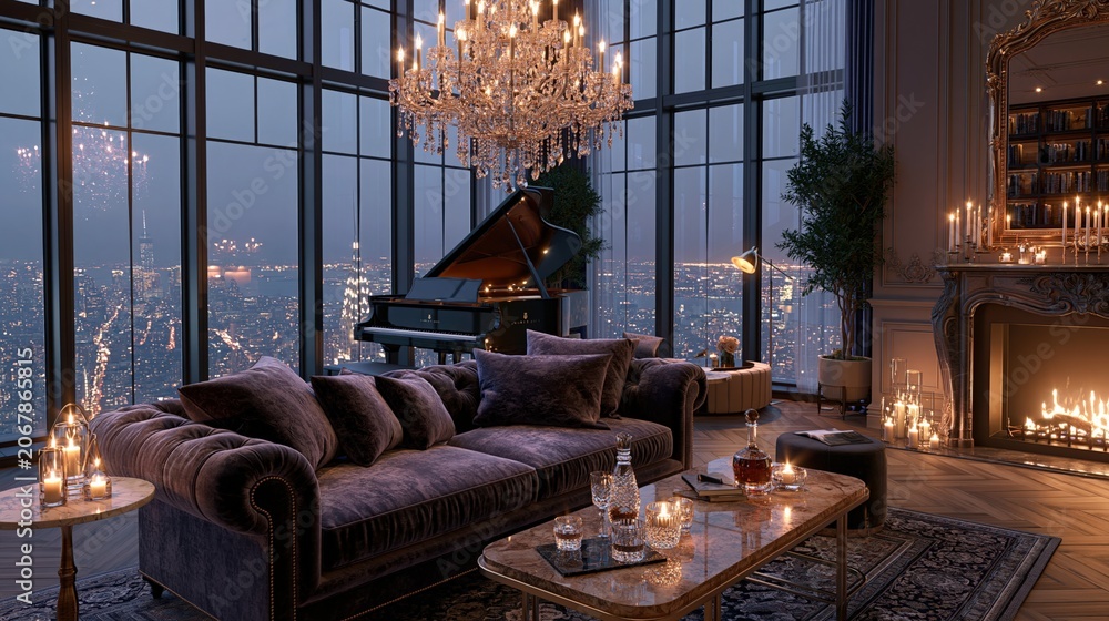 Fototapeta premium Luxurious high-rise penthouse living room with grand piano, fireplace, and city view at dusk