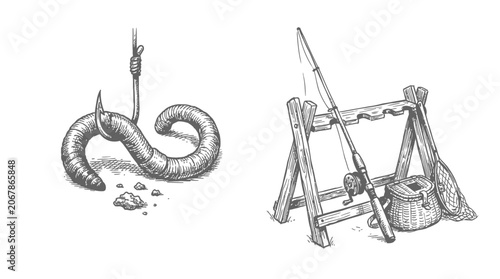 Canvastavla Fishing Rod and Worm Illustration