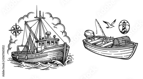 Fotografie Fishing Boat and Rowboat Illustration - Nautical Theme
