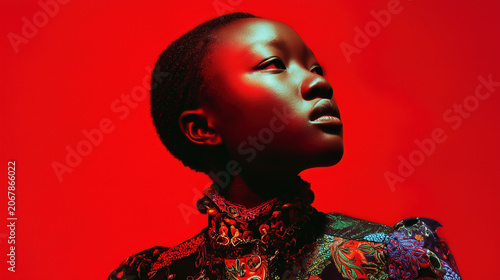 Portrait of a person in profile against vibrant red background, wearing ornate patterned garment with detailed embroidery. Studio photography with dramatic monochromatic lighting.