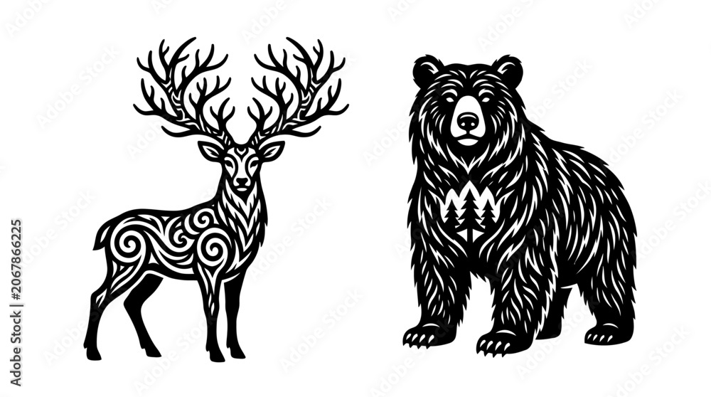 Fototapeta premium Stylized Deer and Bear Ornate Black and White Illustrations