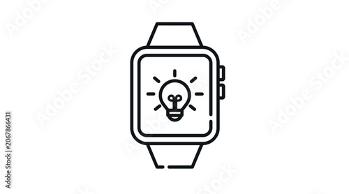 Smartwatch creative idea and innovation icon: wearable smart watch displaying lightbulb symbol on screen, minimalist black line art vector illustration.