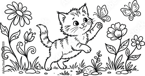 Cute Kitten Chasing Butterflies in Flower Garden Coloring Page Illustration for Kids