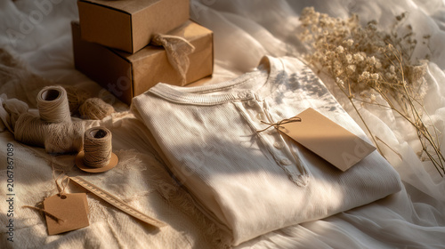 Minimalist flat lay composition featuring cream sweater, kraft paper boxes, twine spools, dried flowers, and blank tags arranged on white linen with natural sunlight shadows.