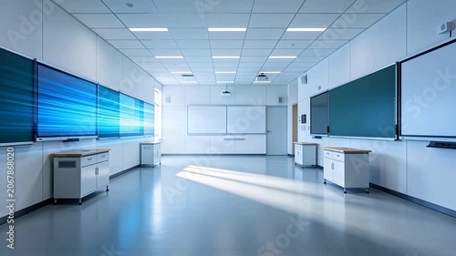 Modern digital classroom with electronic whiteboards and reflective floor under ceiling lights