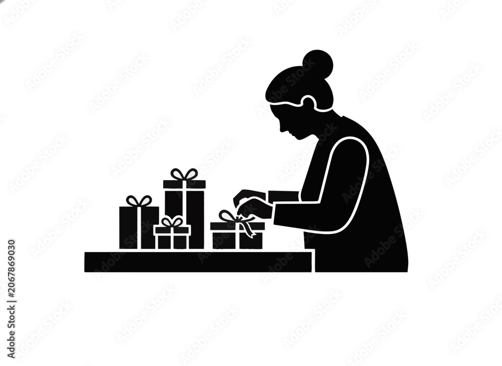 Fototapeta premium Elderly woman wrapping gifts black silhouette. Solid black shape senior female with presents icon. Minimalist vector illustration isolated on transparent background