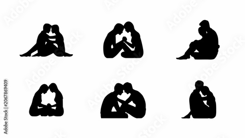 Silhouettes Of Couples Embracing A Collection Of Black Shapes On A White Background affection amorous bonding couple dating
