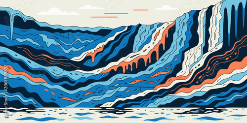 Illustration of a deep blue ocean with white and orange waves crashing against a rocky cliff undulation undulating undulatory undulose undulated undulance wavering waviness