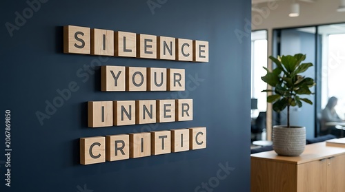 Inspirational quote on wooden blocks spelling Silence your inner critic in office