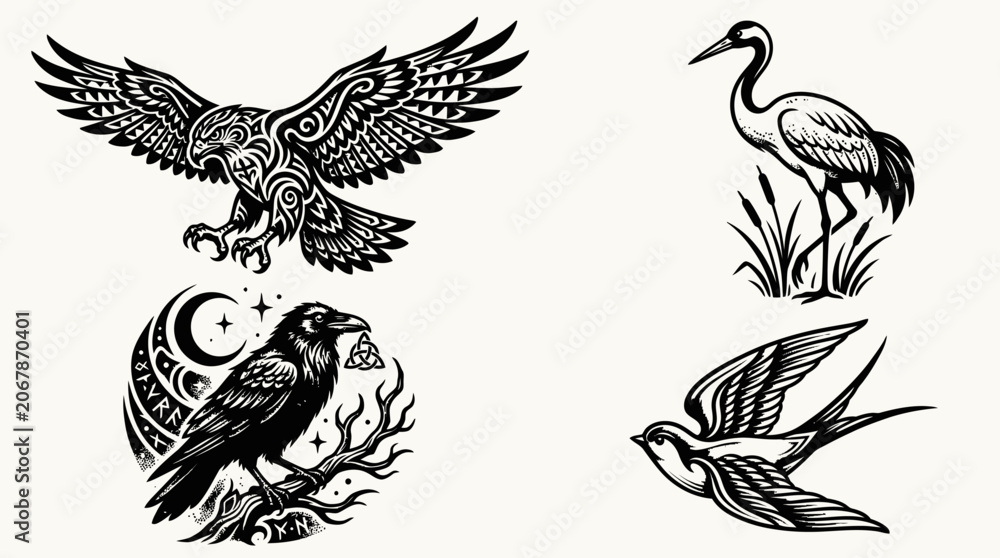 Obraz premium Tribal Bird Silhouettes: Eagle, Raven, Crane, Swallow